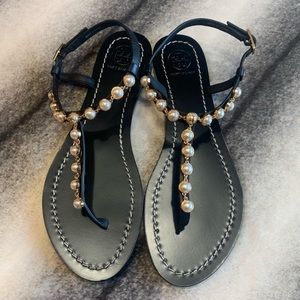 Tory Burch Emmy Pearl Black Leather Sandals